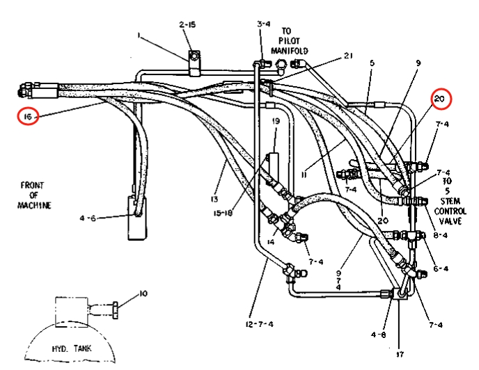 Caterpillar CAT®215B installation diagram showing hydraulic hose 3V-1330 at Pipe No. 16