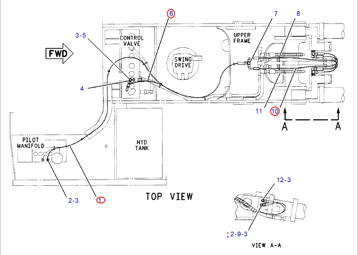 Caterpillar CAT®318B N installation diagram showing hydraulic hose 102-8280 at Pipe No. 6
