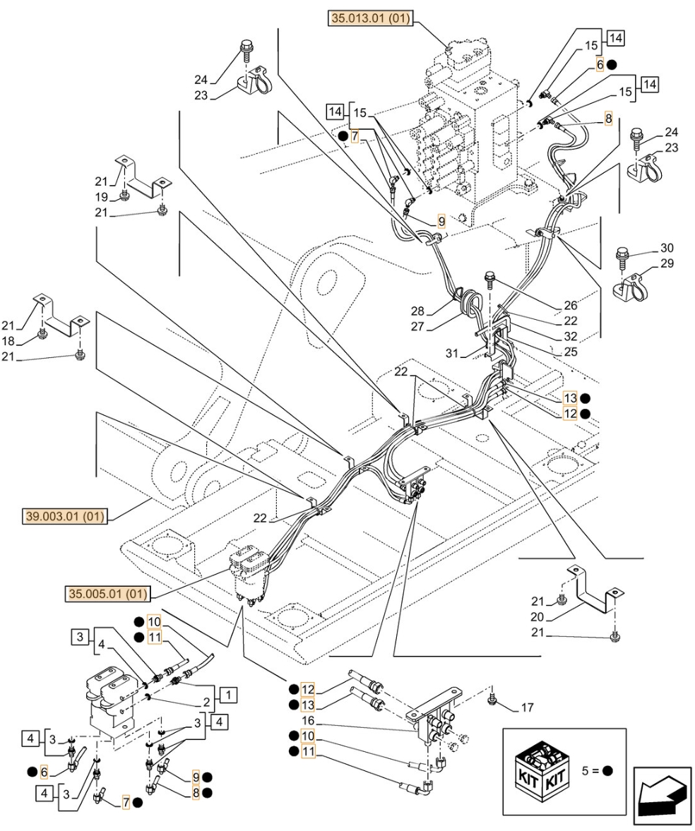 Case CX350C LC installation diagram showing hydraulic hose KHJ18020 at Pipe No. 8