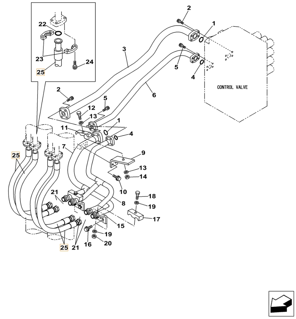 Case CX500C-8 LC ME installation diagram showing hydraulic hose KTJ13470 at Pipe No. 25