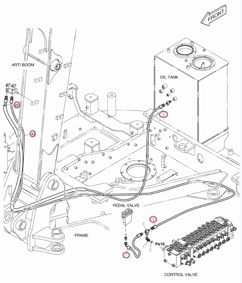 Doosan DX80R installation diagram showing hydraulic hose DS2093249 at Pipe No. 7