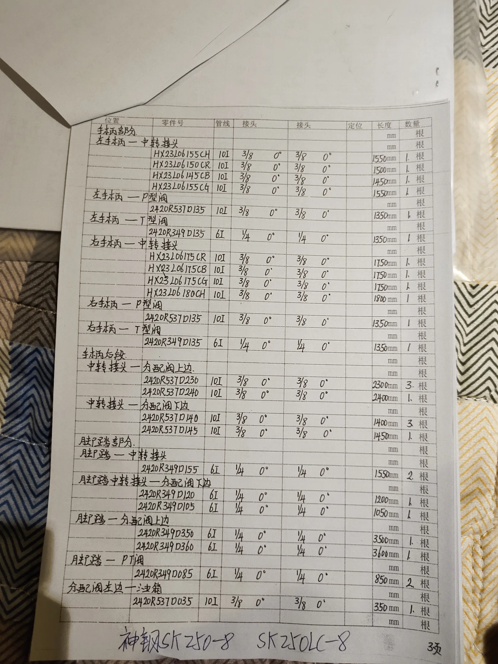 Kobelco SK250LC-8 hydraulic hose part numbers and recorded lengths — technician notebook page 3 of 5