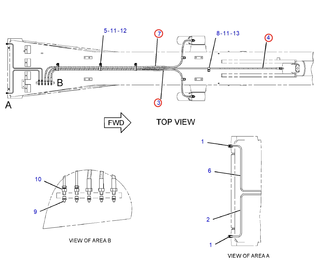 Caterpillar CAT®313D installation diagram showing hydraulic hose 121-8659 at Pipe No. 3