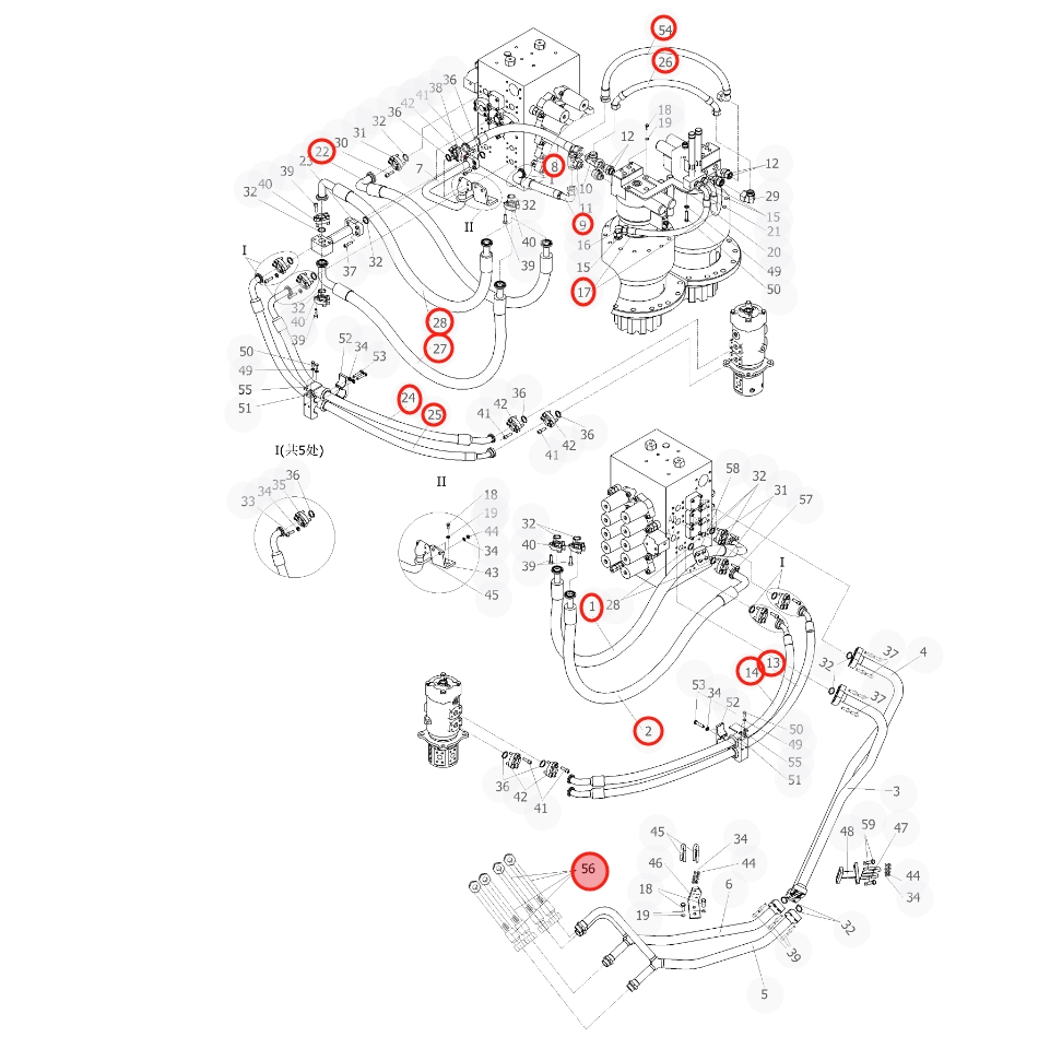 Sunward SWE470E-3 installation diagram showing hydraulic hose 730501004886 at Pipe No. 56