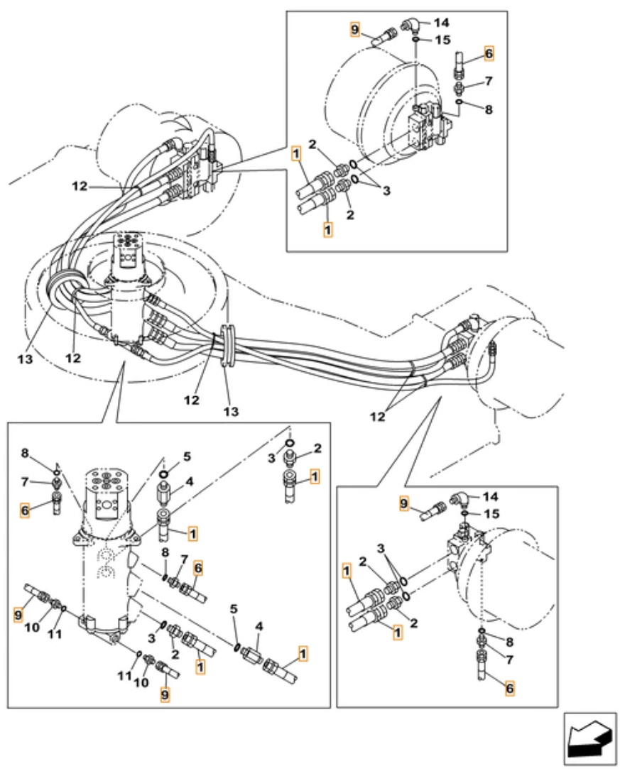 Case CX490C LC installation diagram showing hydraulic hose KBA1163 at Pipe No. 9