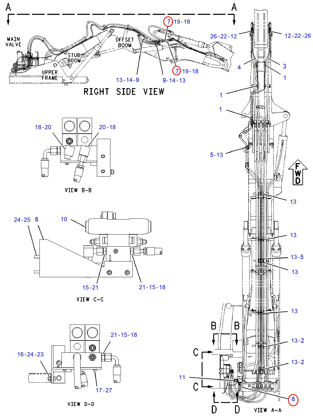 Caterpillar CAT®M312 installation diagram showing hydraulic hose 155-6478 at Pipe No. 7