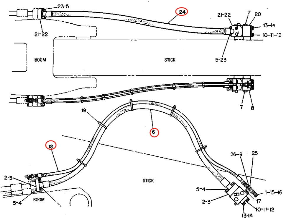 Caterpillar CAT®215D installation diagram showing hydraulic hose 6C-0888 at Pipe No. 24