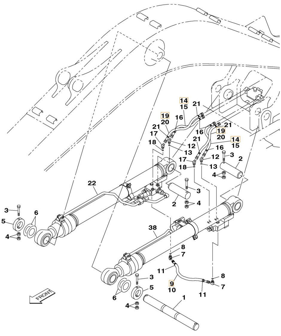 Case CX180 installation diagram showing hydraulic hose KHJ1306 at Pipe No. 14