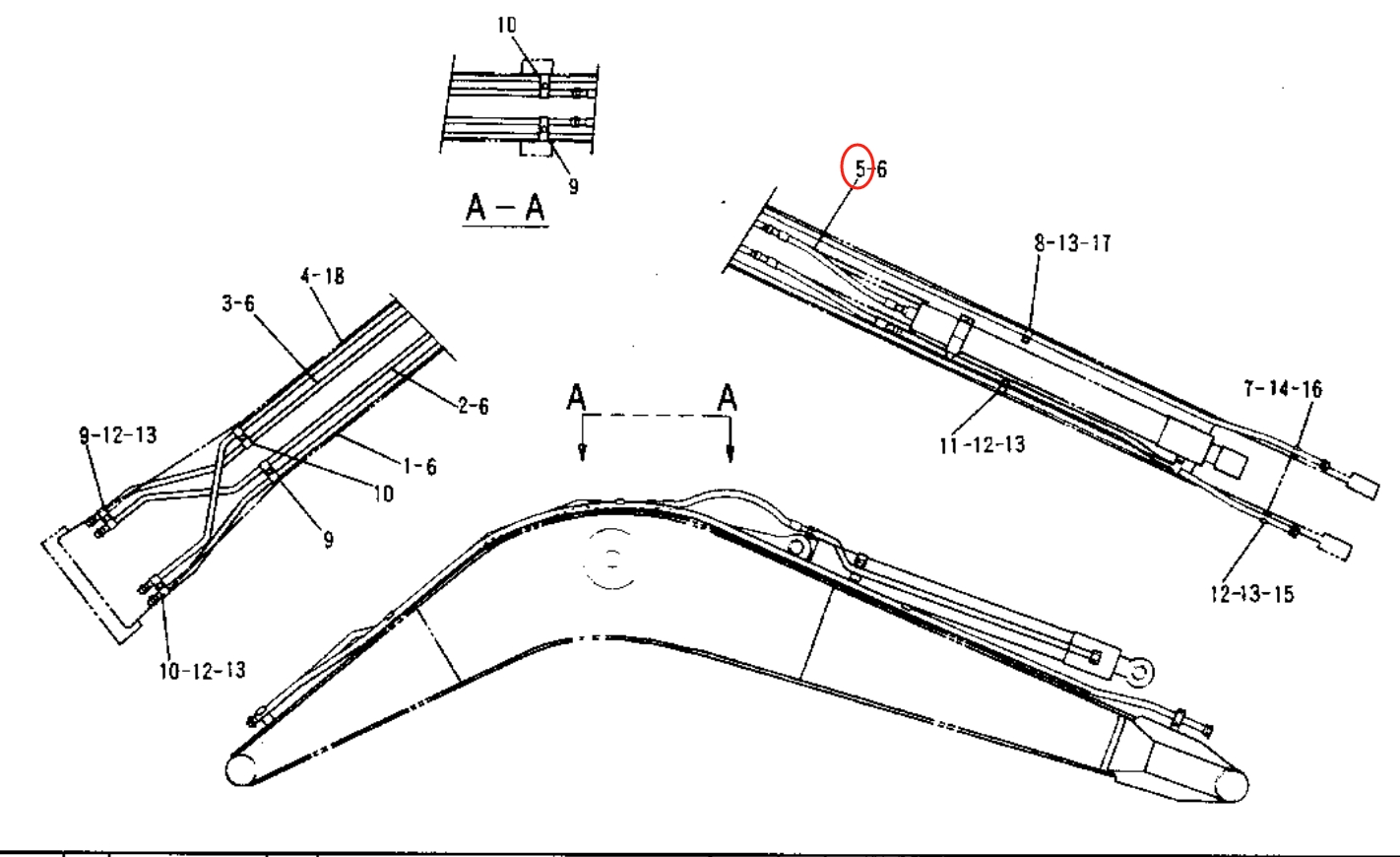 Caterpillar CAT®312B installation diagram showing hydraulic hose 4I-1095 at Pipe No. 5