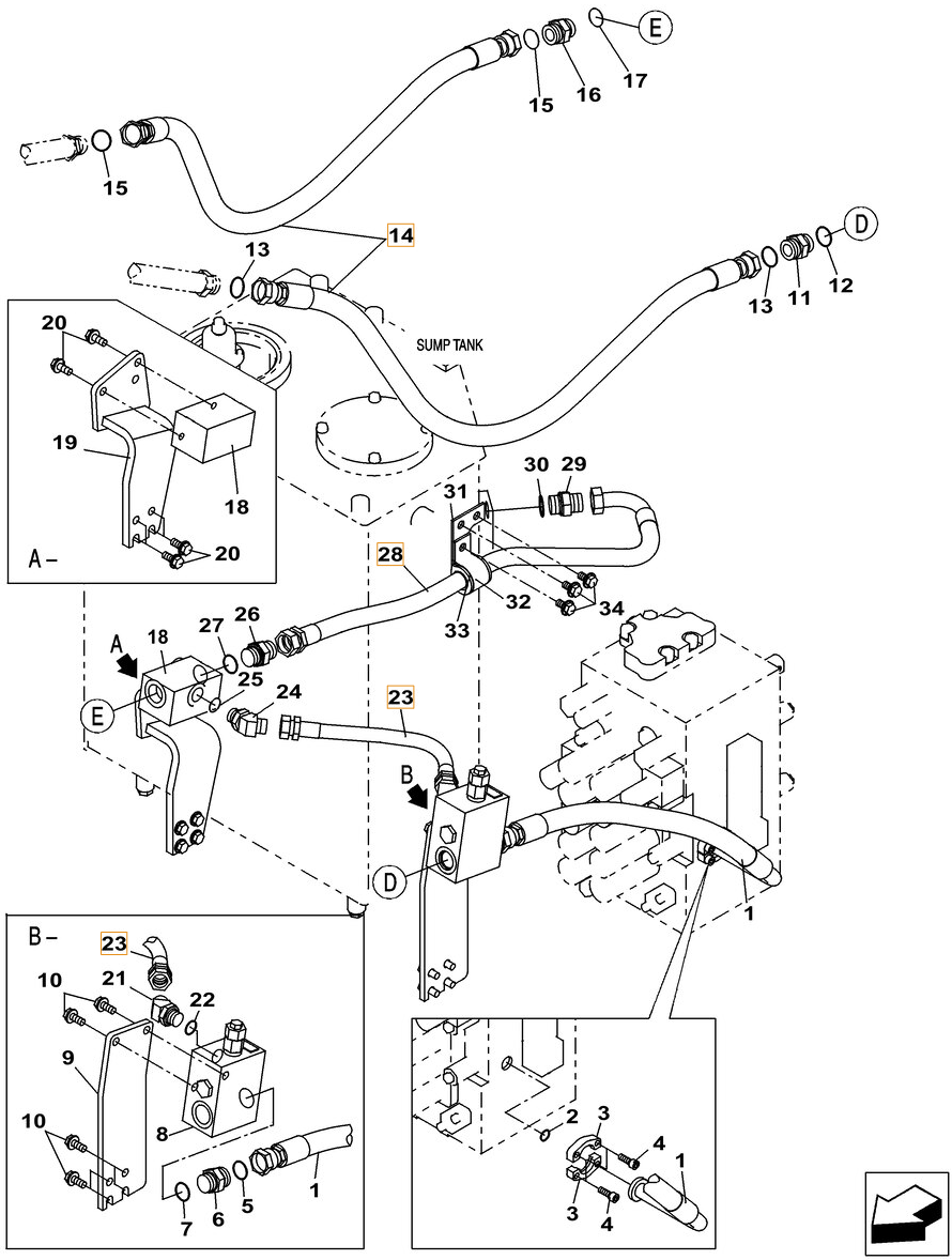 Case CX260C installation diagram showing hydraulic hose KRJ11540 at Pipe No. 23