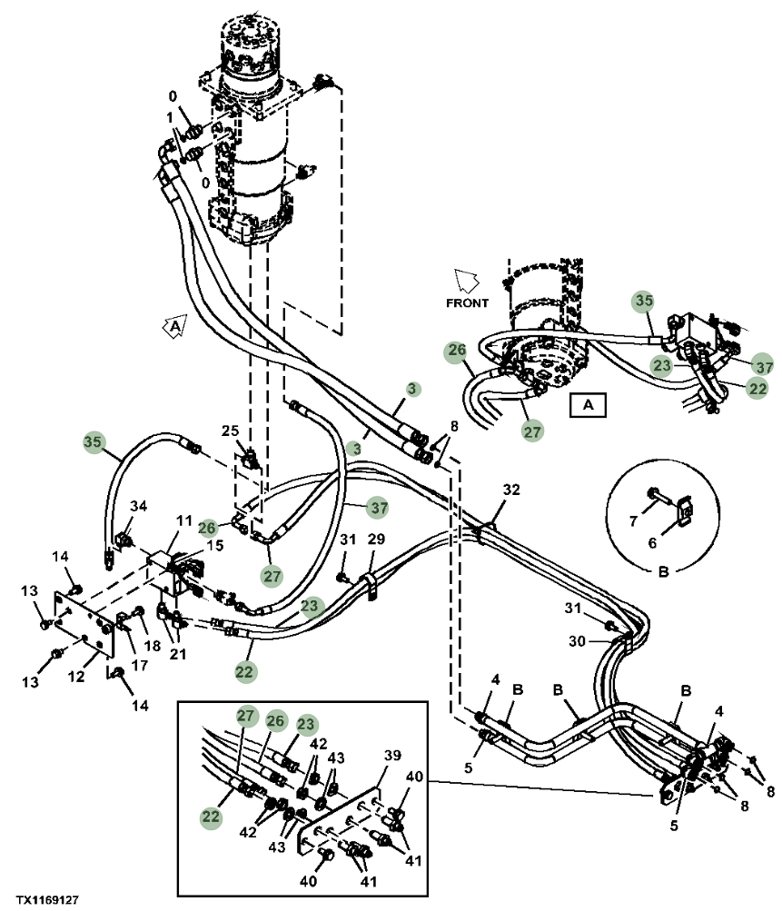Hitachi ZX230W-5N installation diagram showing hydraulic hose 4663309 at Pipe No. 22