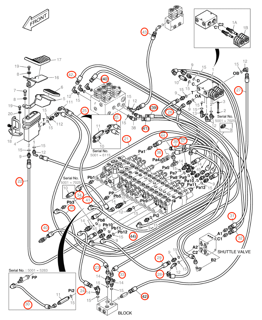 Doosan DX55W installation diagram showing hydraulic hose DS2093180 at Pipe No. 32