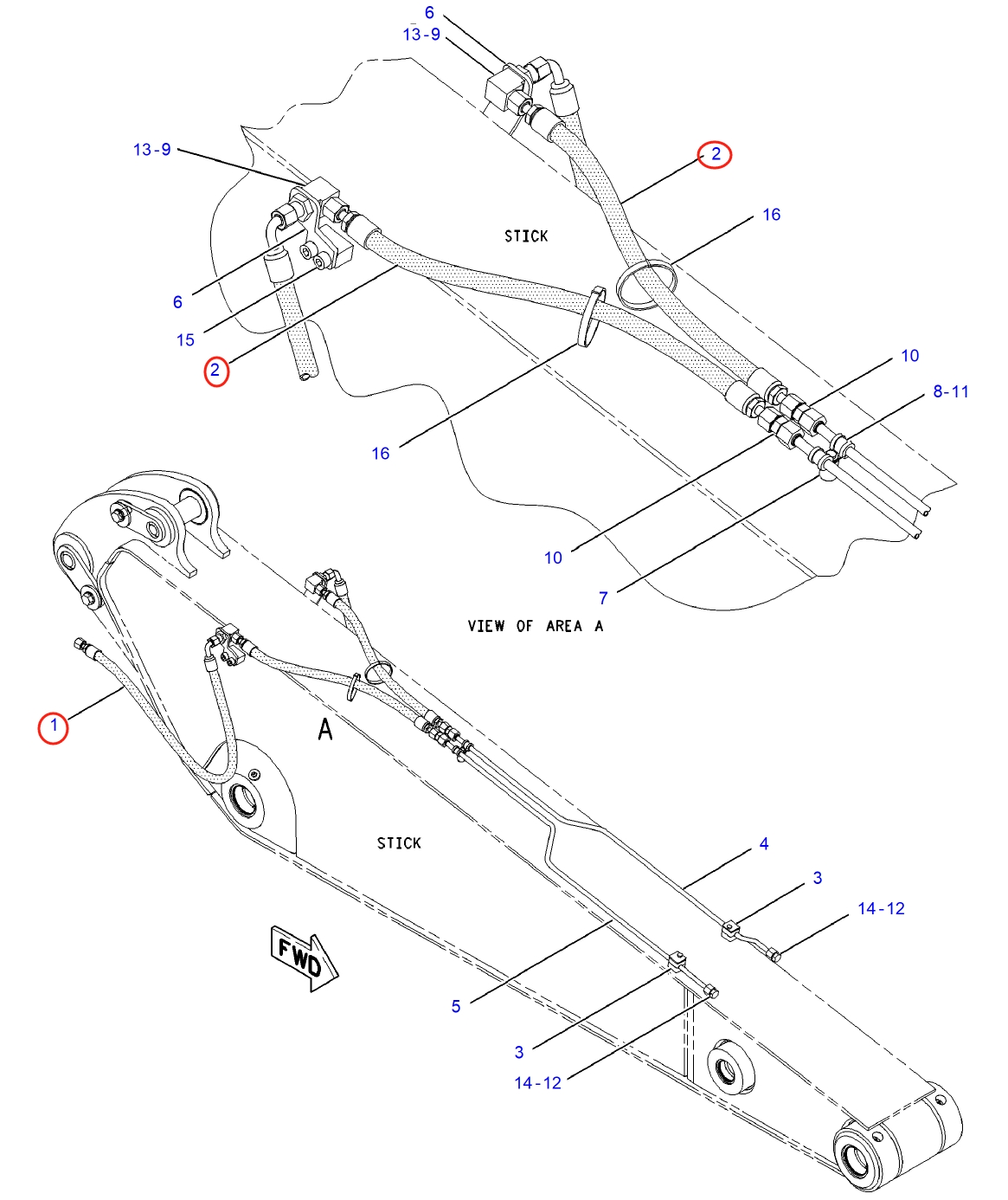 Caterpillar CAT®M312 installation diagram showing hydraulic hose 119-6426 at Pipe No. 2