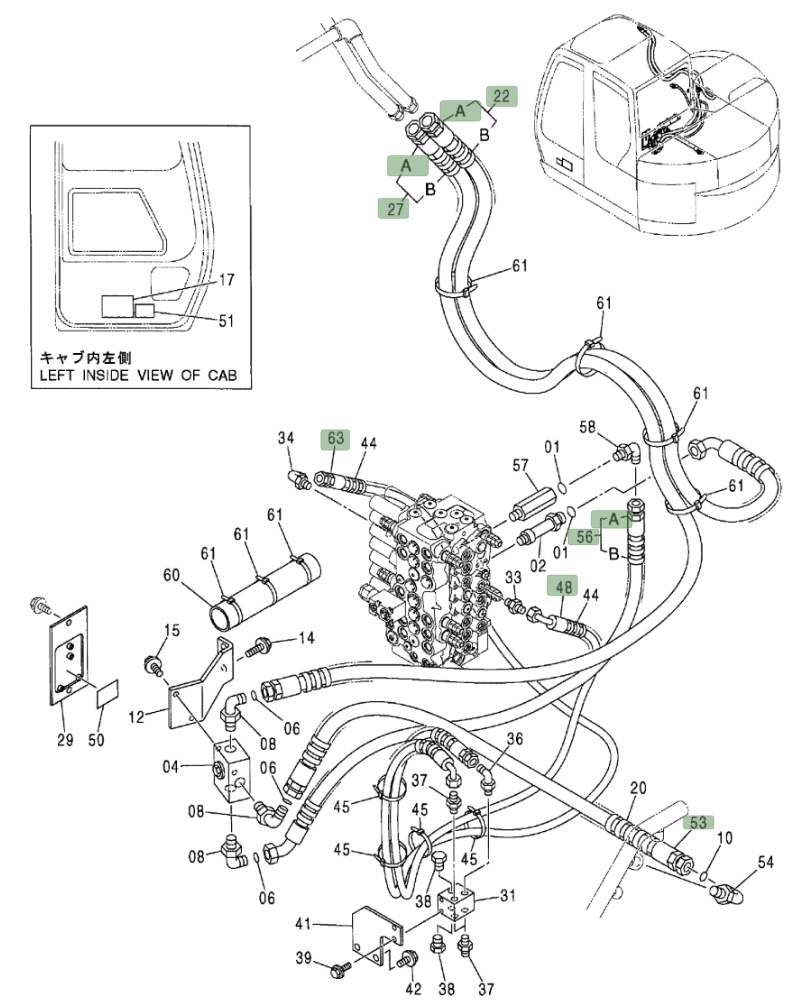 Hitachi ZX75US installation diagram showing hydraulic hose 4251922 at Pipe No. 53
