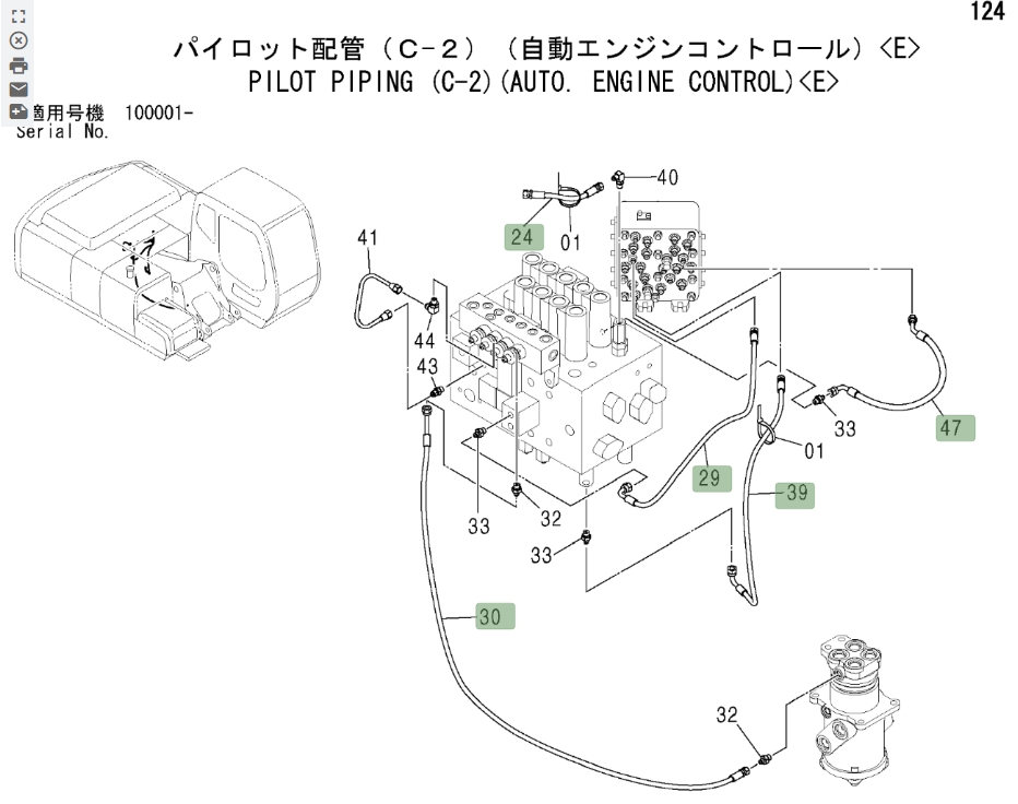 Hitachi ZX200LC installation diagram showing hydraulic hose 4451486 at Pipe No. 24