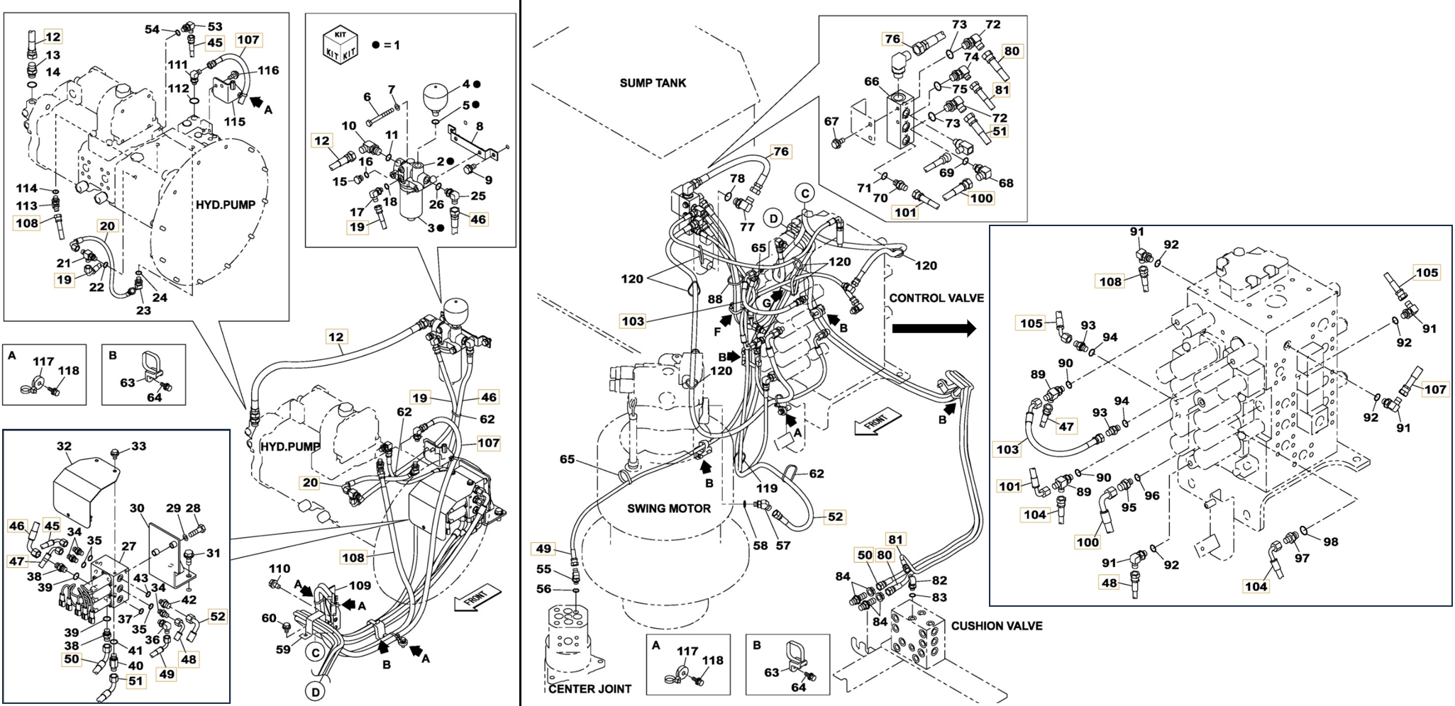 Case CX370B installation diagram showing hydraulic hose KTJ1644 at Pipe No. 80