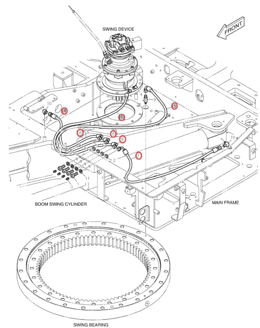 Doosan DX85R-3 installation diagram showing hydraulic hose DS2090185 at Pipe No. 6