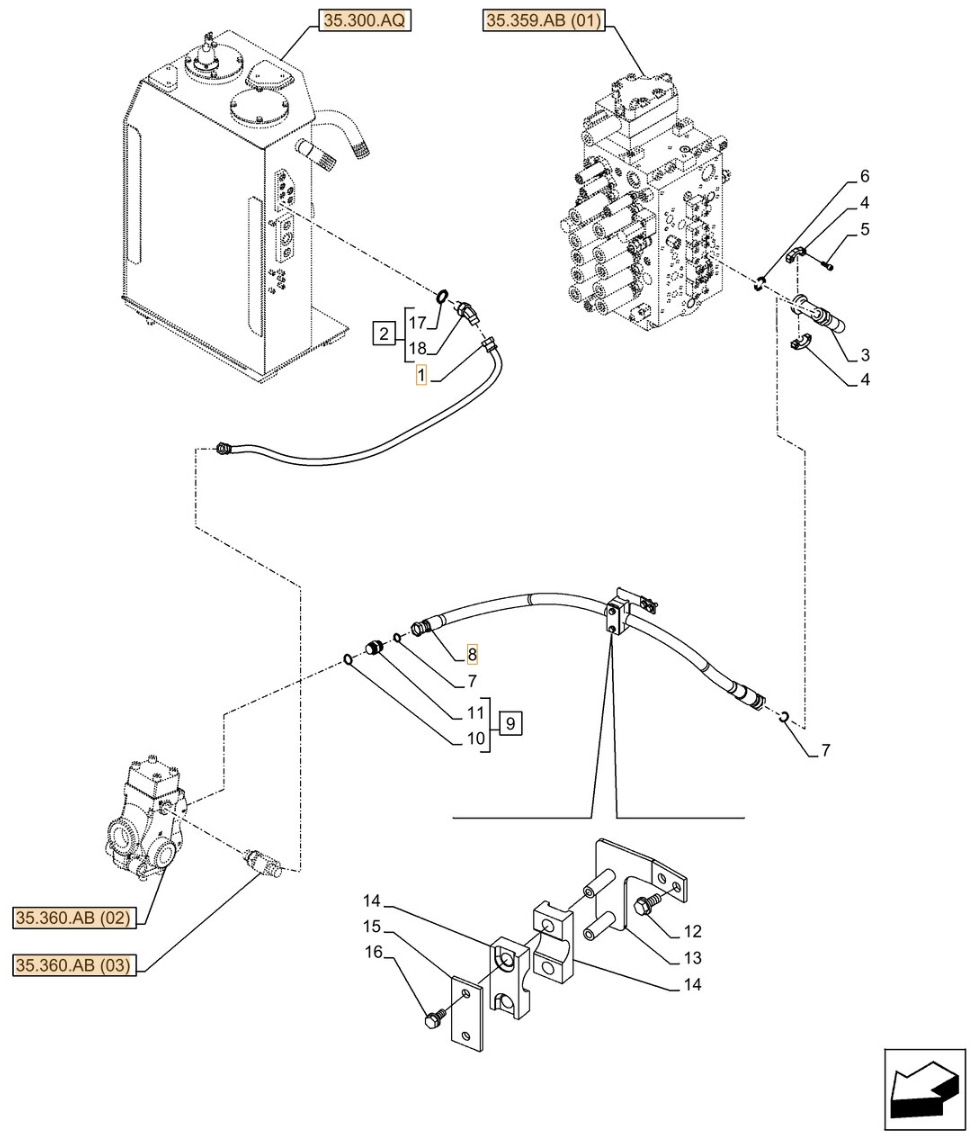 Case CX300D NLC installation diagram showing hydraulic hose KHJ2050 at Pipe No. 1