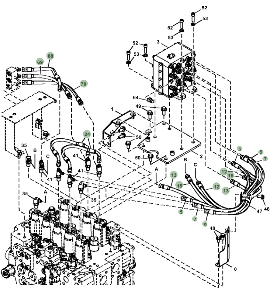 Hitachi ZX470LC-5G installation diagram showing hydraulic hose 4720779 at Pipe No. 70