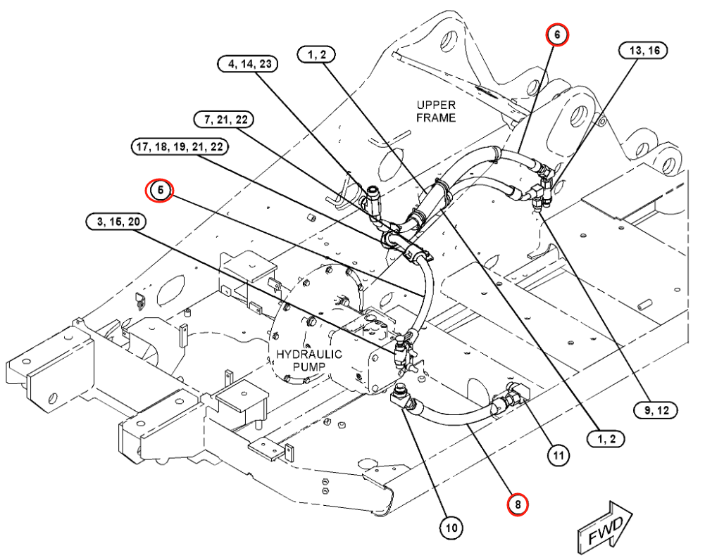 Caterpillar CAT®313F LGC installation diagram showing hydraulic hose 452-4986 at Pipe No. 8