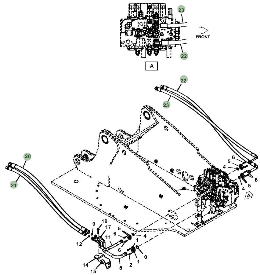 Hitachi ZX230W-5N installation diagram showing hydraulic hose 4250888 at Pipe No. 20