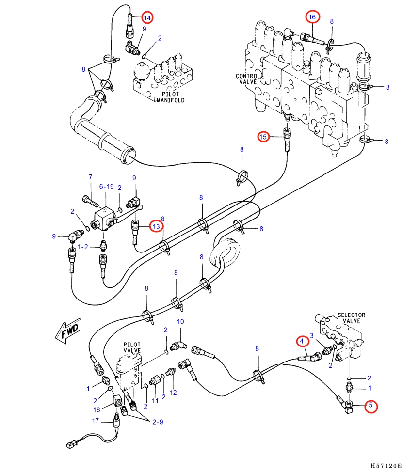 Caterpillar CAT®318B installation diagram showing hydraulic hose 142-1107 at Pipe No. 13