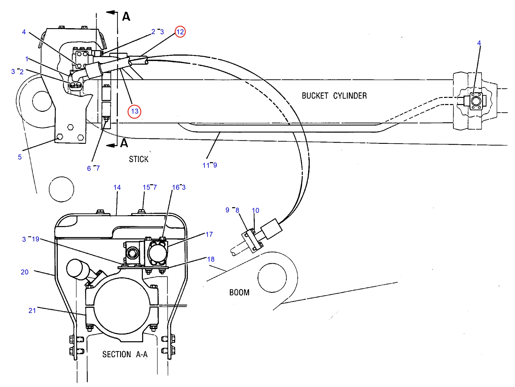 Caterpillar CAT®245D installation diagram showing hydraulic hose 8V-6563 at Pipe No. 12