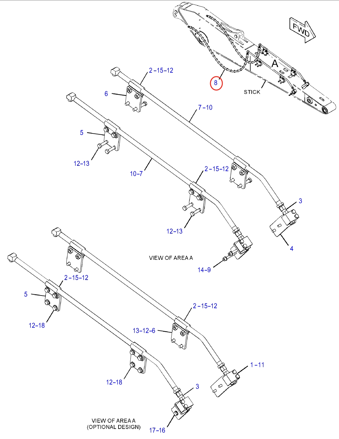 Caterpillar CAT®312E installation diagram showing hydraulic hose 372-9809 at Pipe No. 8