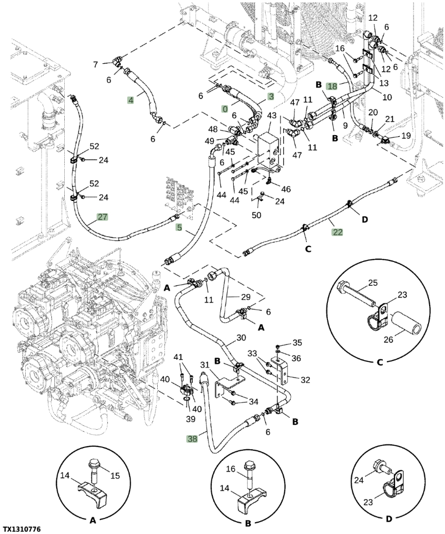 Hitachi EX1200-7 installation diagram showing hydraulic hose 4304477 at Pipe No. 27