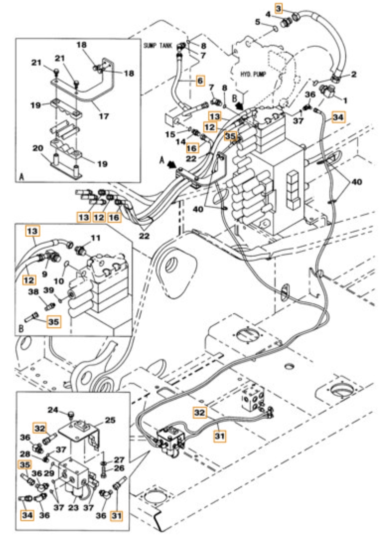 Case CX230B installation diagram showing hydraulic hose KHJ2181 at Pipe No. 31