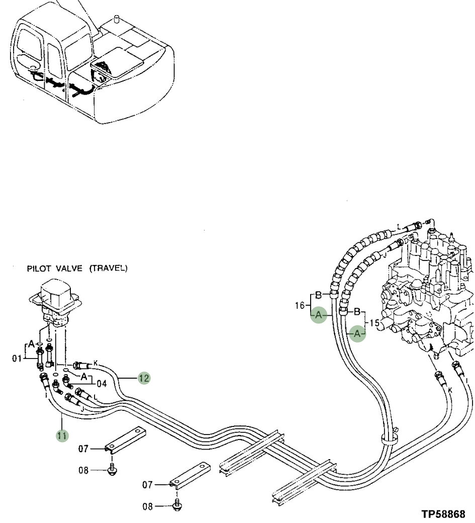 Hitachi EX110-5 installation diagram showing hydraulic hose 4359145 at Pipe No. 15A
