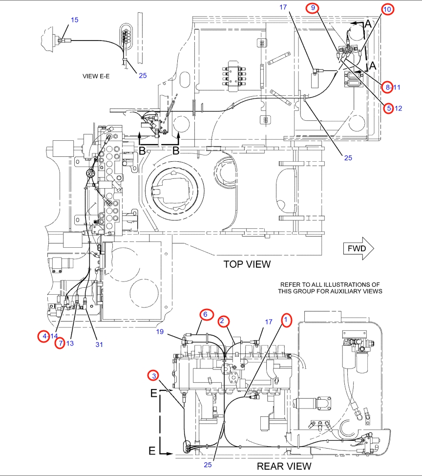 Caterpillar CAT®318C installation diagram showing hydraulic hose 4I-1037 at Pipe No. 3