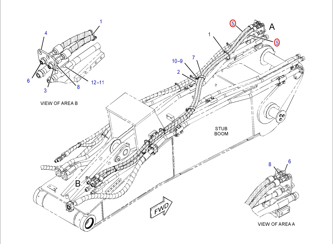 Caterpillar CAT®318E L installation diagram showing hydraulic hose 370-0303 at Pipe No. 5