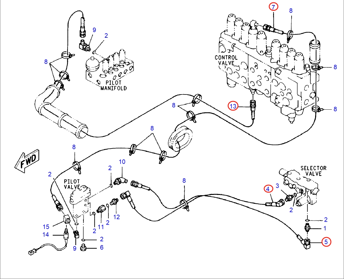 Caterpillar CAT®318B installation diagram showing hydraulic hose 7I-7117 at Pipe No. 7