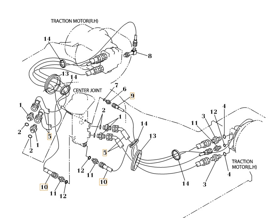 Case CX160C installation diagram showing hydraulic hose KLA10210 at Pipe No. 5