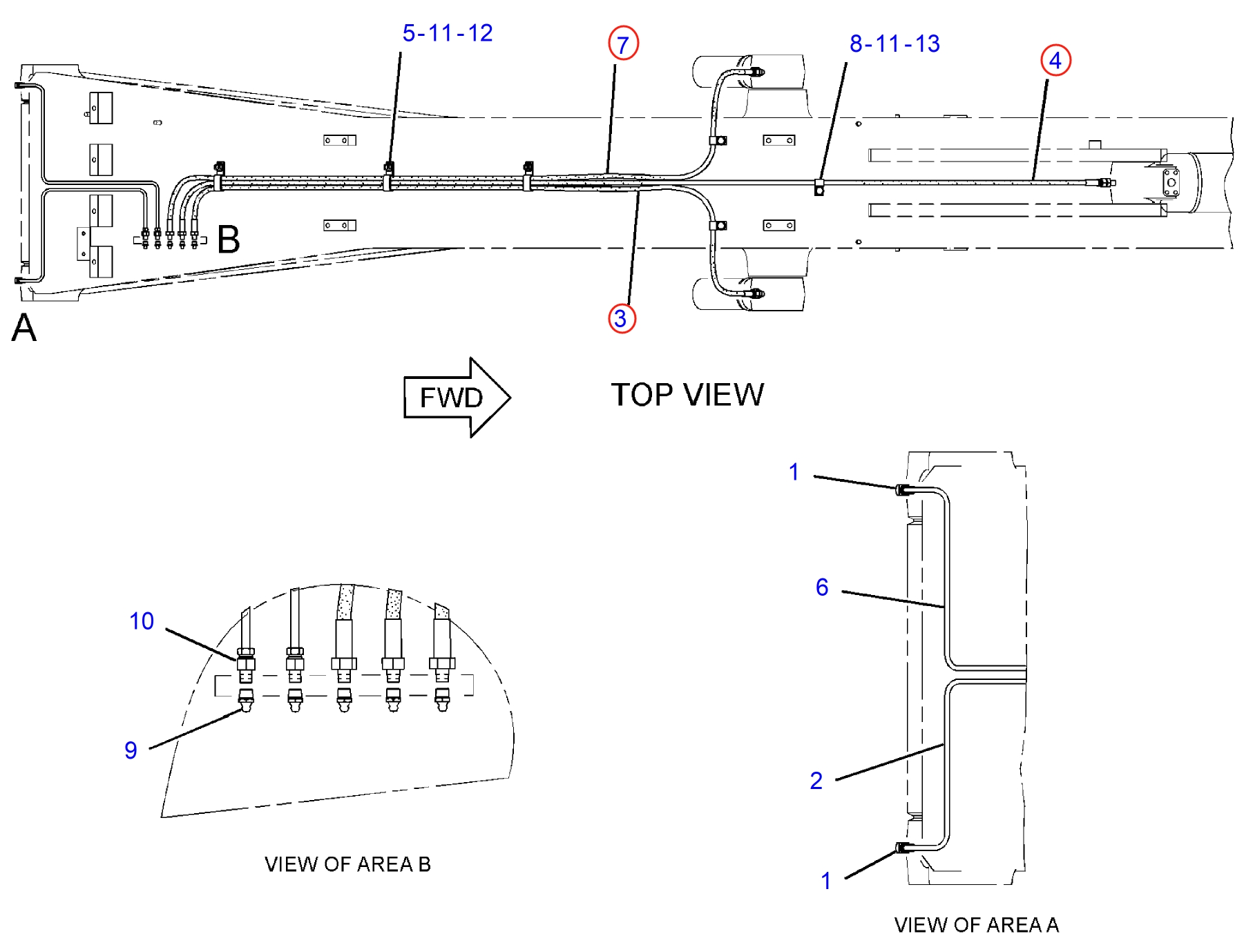 Caterpillar CAT®312D2 L installation diagram showing hydraulic hose 203-7401 at Pipe No. 7