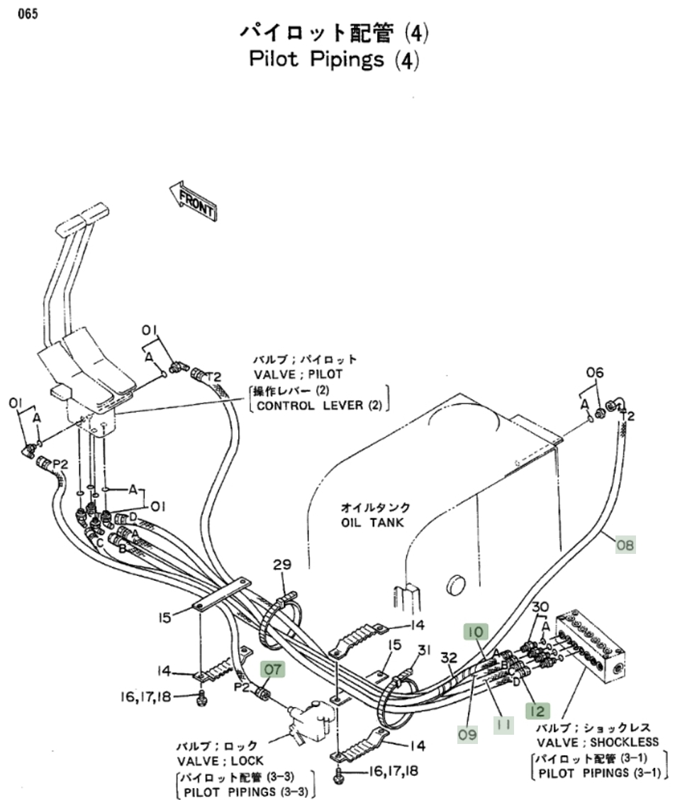 Hitachi EX100 installation diagram showing hydraulic hose 4203022 at Pipe No. 9