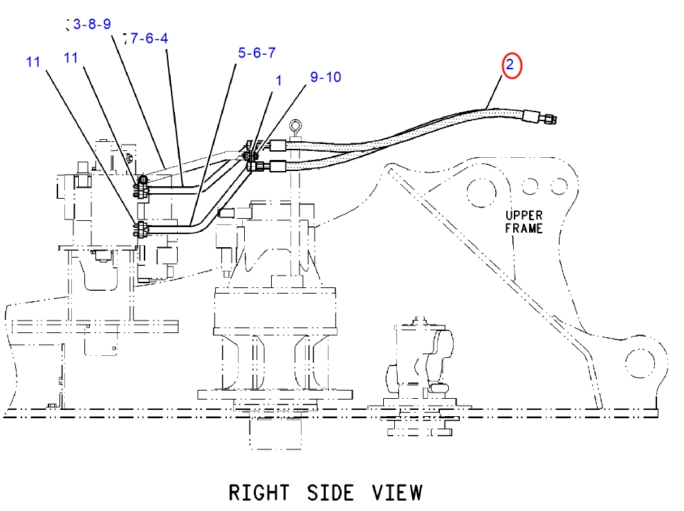 Caterpillar CAT®318C installation diagram showing hydraulic hose 204-8389 at Pipe No. 2