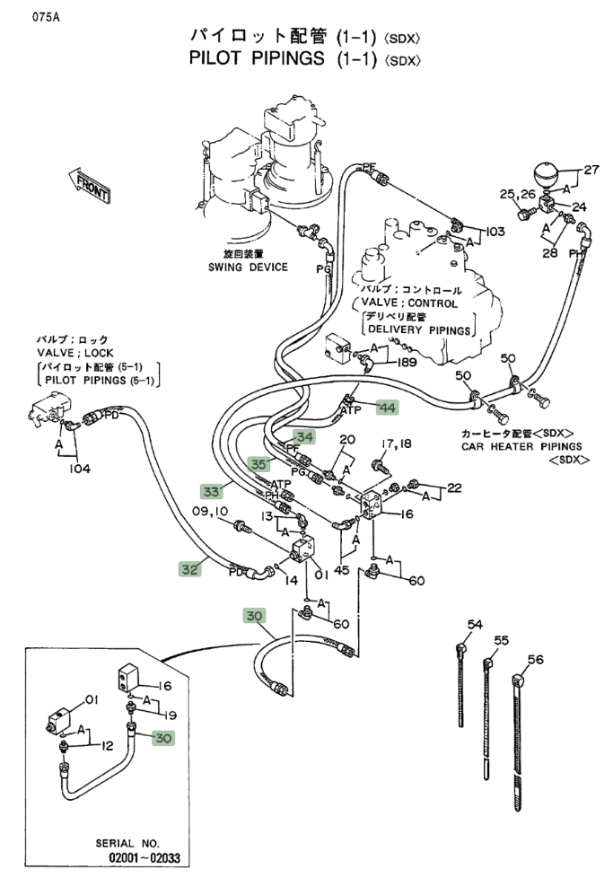 Hitachi EX400LC installation diagram showing hydraulic hose 4207338 at Pipe No. 35