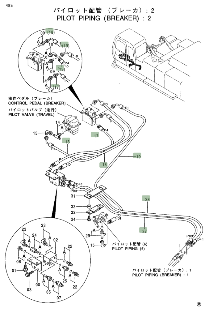 Hitachi EX750-5 installation diagram showing hydraulic hose 4369215 at Pipe No. 27