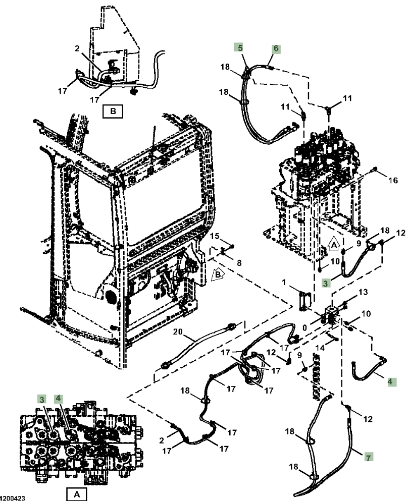 Hitachi ZX245USLC-6N installation diagram showing hydraulic hose 4442429 at Pipe No. 4