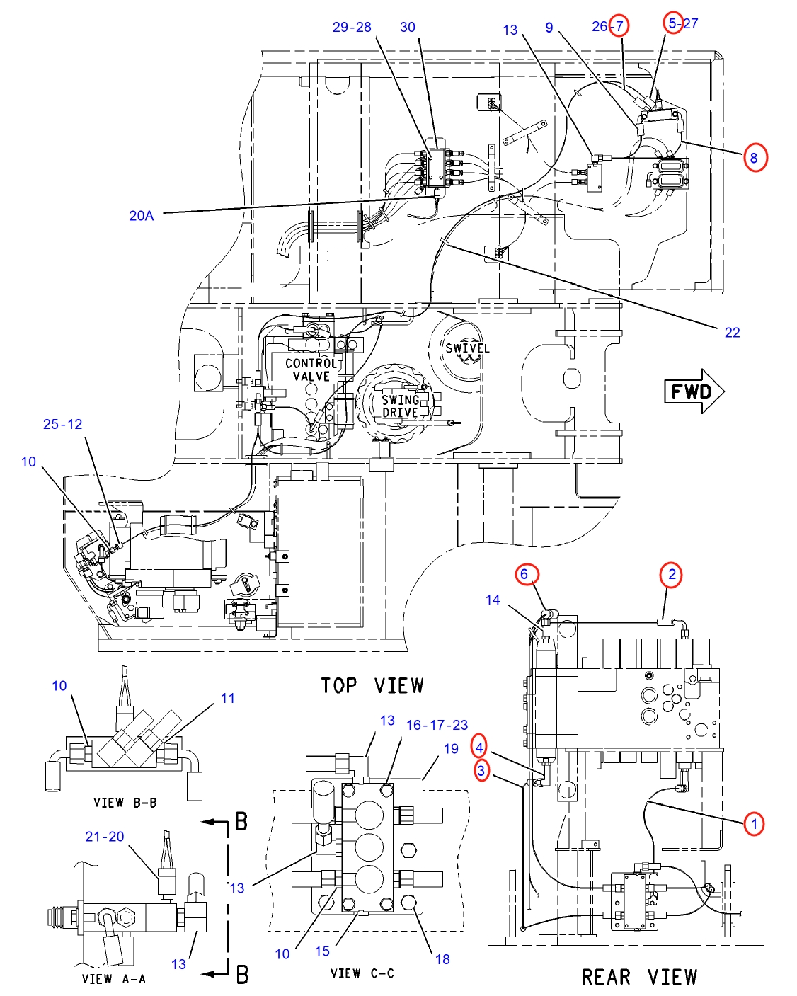 Caterpillar CAT®312C L installation diagram showing hydraulic hose 108-7203 at Pipe No. 7