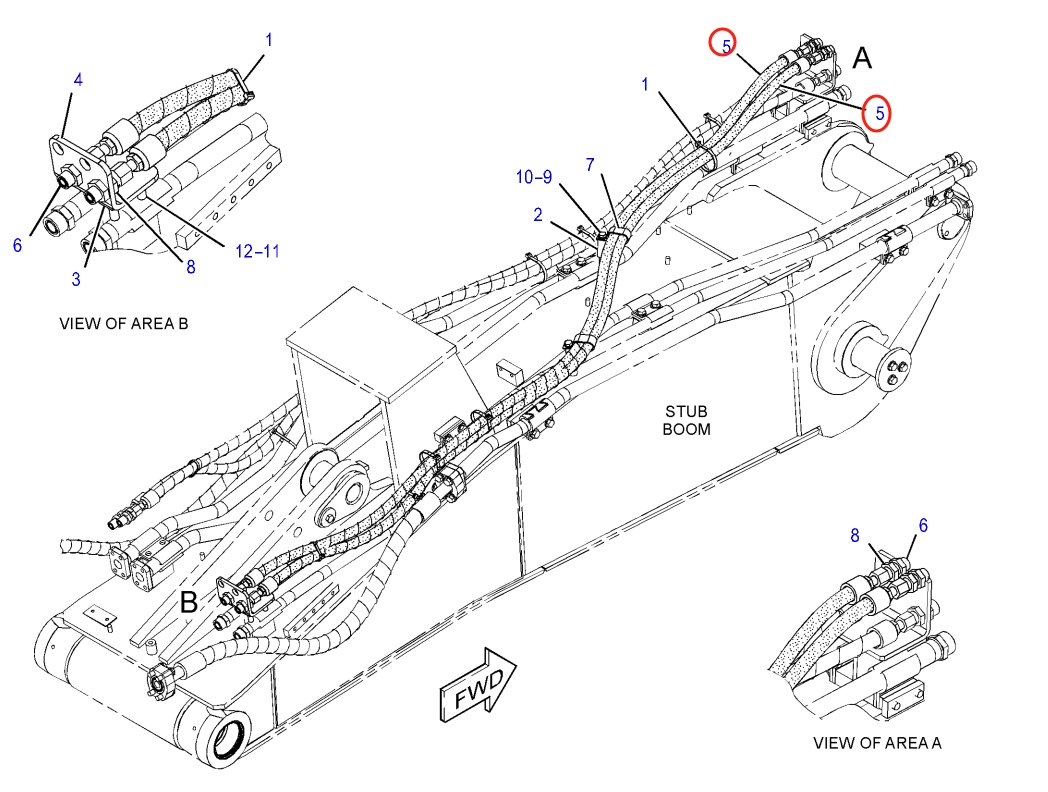Caterpillar CAT®316F L installation diagram showing hydraulic hose 370-0303 at Pipe No. 5