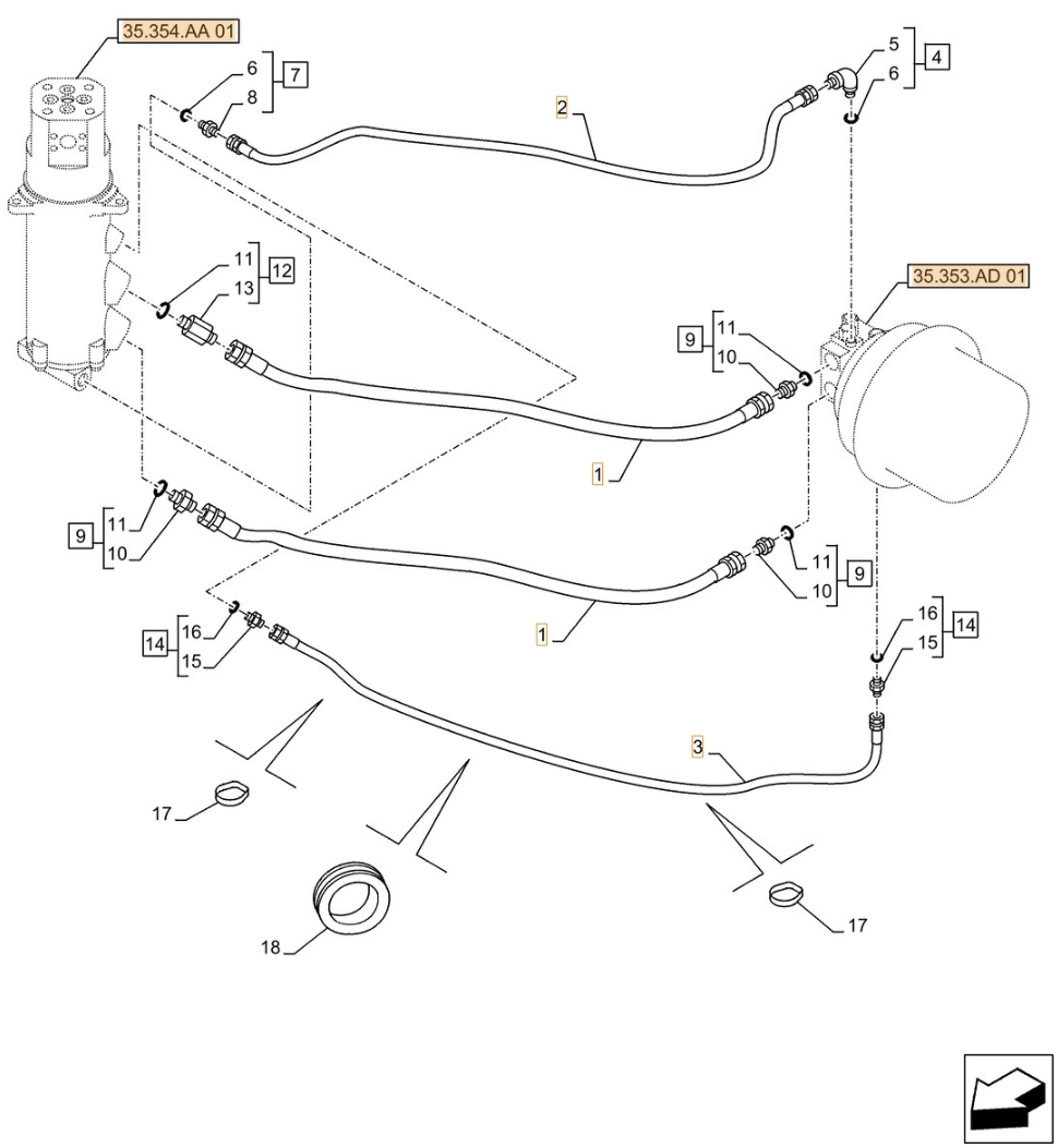 Case CX490D LC installation diagram showing hydraulic hose KTA1219 at Pipe No. 1