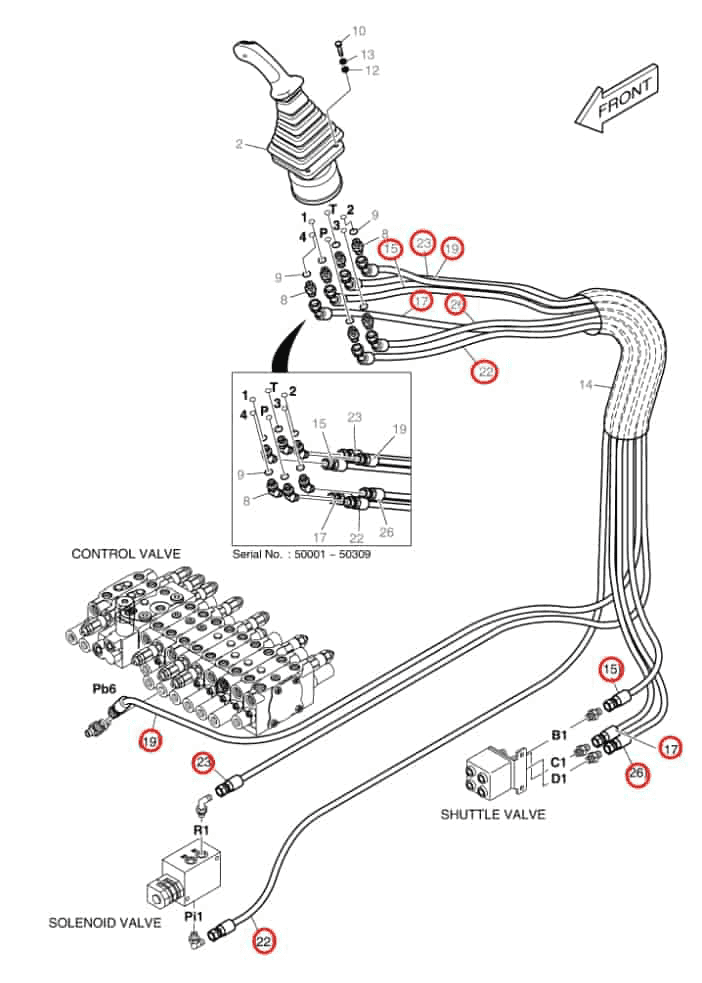 Doosan DX55 installation diagram showing hydraulic hose DS2092062 at Pipe No. 15