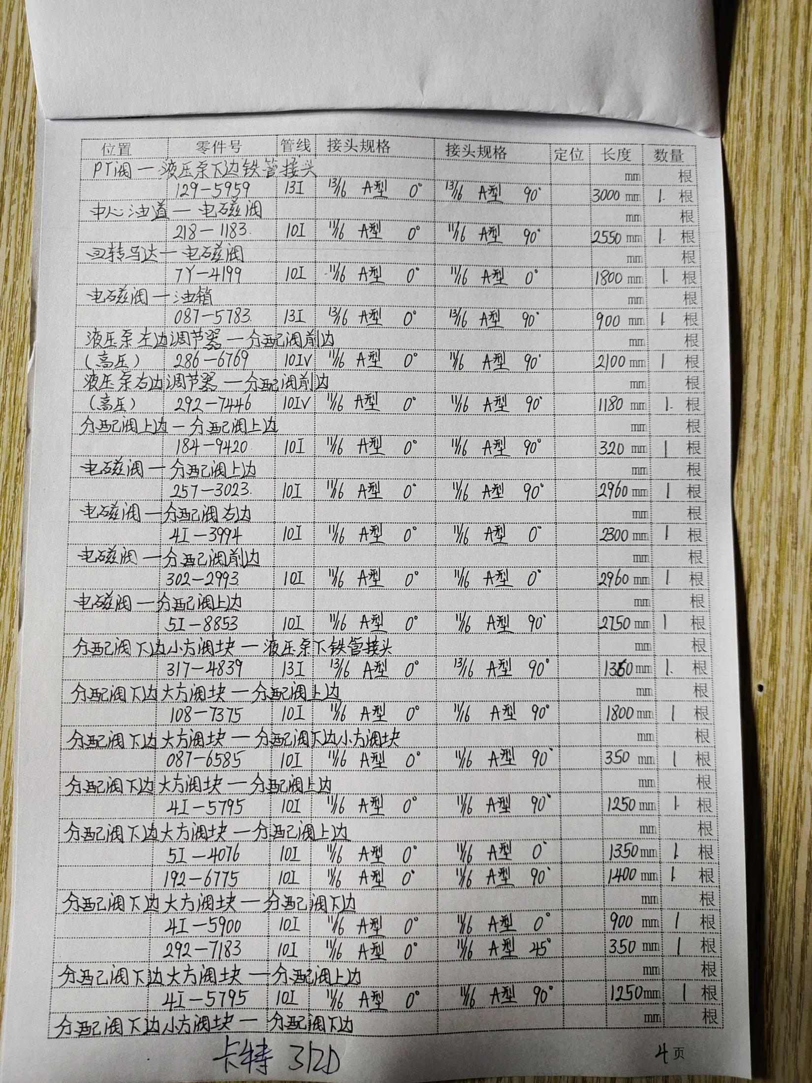 Caterpillar 312D hydraulic hose part numbers and recorded lengths — technician notebook page 4 of 5 — recorded hose parts 4I-5900, 7Y-4199