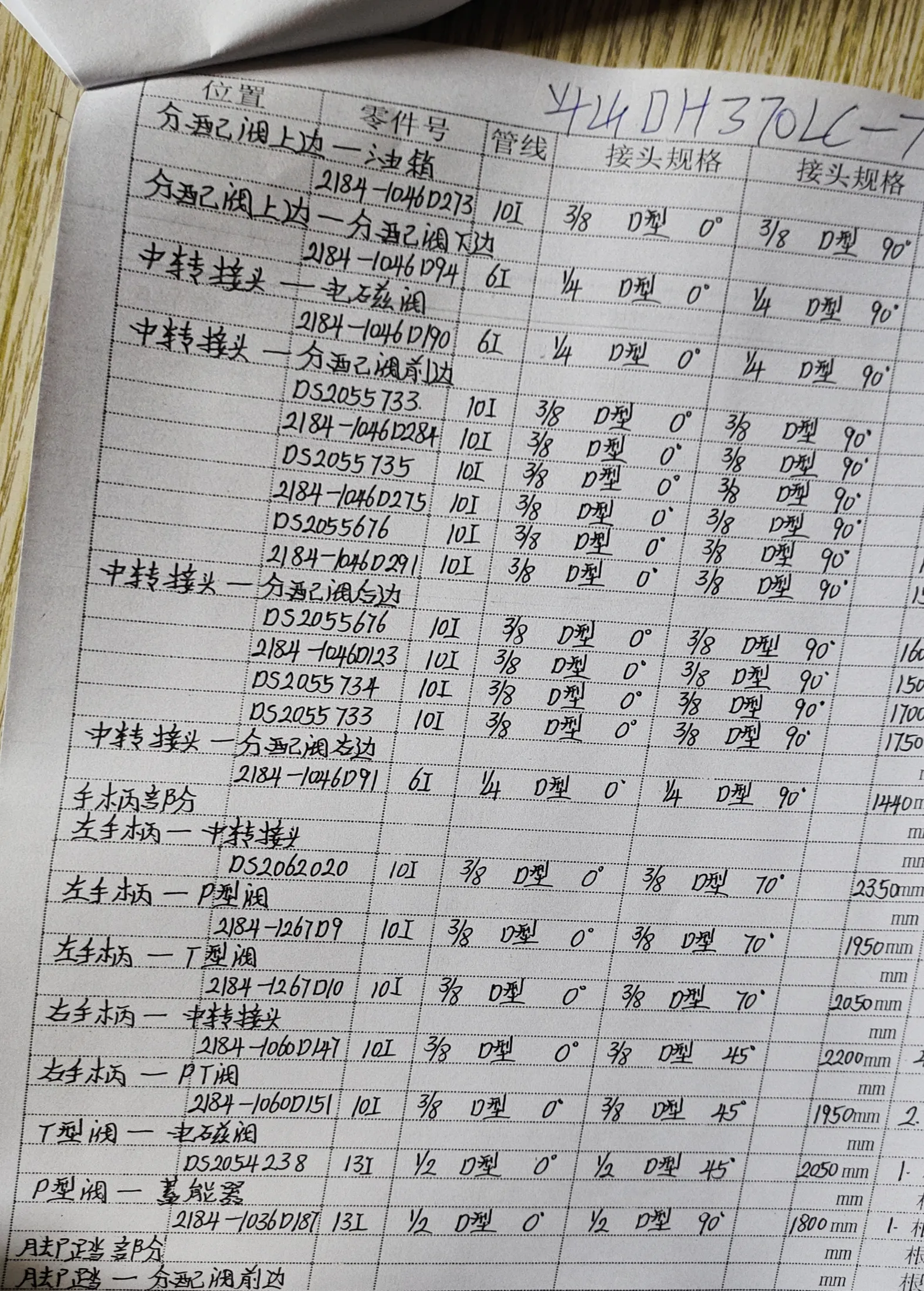 Doosan DH370LC-7 hydraulic hose part numbers and recorded lengths — technician notebook page 4 of 5