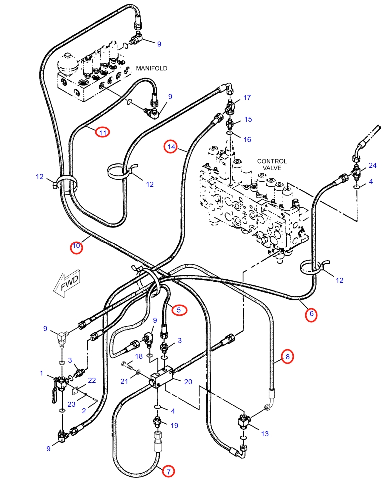 Caterpillar CAT®317B L installation diagram showing hydraulic hose 142-1113 at Pipe No. 5