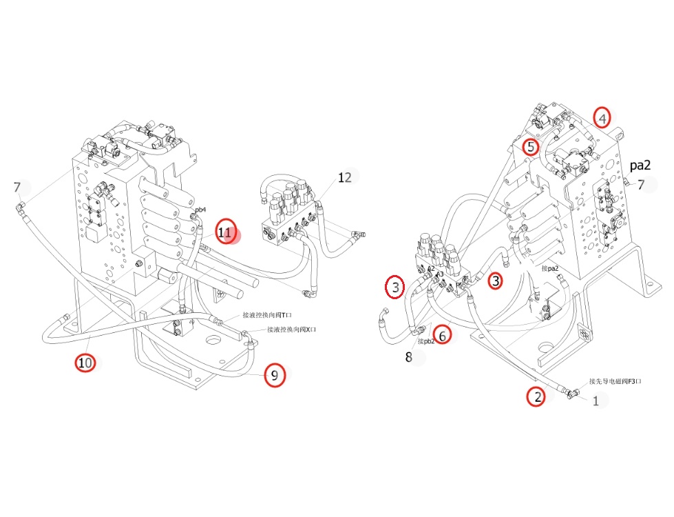 Sunward SWE215F-5 installation diagram showing hydraulic hose 730502001180 at Pipe No. 11