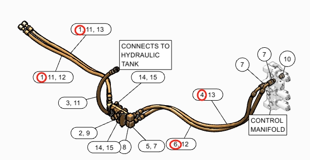 Caterpillar CAT®315F LCR installation diagram showing hydraulic hose 4I-5997 at Pipe No. 1